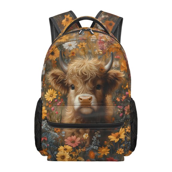 Pzuqiu Highland Cow Floral Multiple Compartments Student School Bag for Travel Camping, Waterproof Lightweight Student Backpack Water Resistant