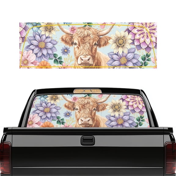 Pzuqiu Highland Cow Floral Print Truck Rear Window Decal 66.9 x 22.4 Inches, Vinyl Truck Decal for Trucks and SUVs, Durable Fade Resistant Rear Windshield