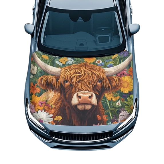 Pzuqiu Highland Cow Floral Print Universal Fit Car Hood Cover Swimsuit Fabric Car Hood Cover Protector, Hood Covers Stretch for Pickup SUV Vehicles
