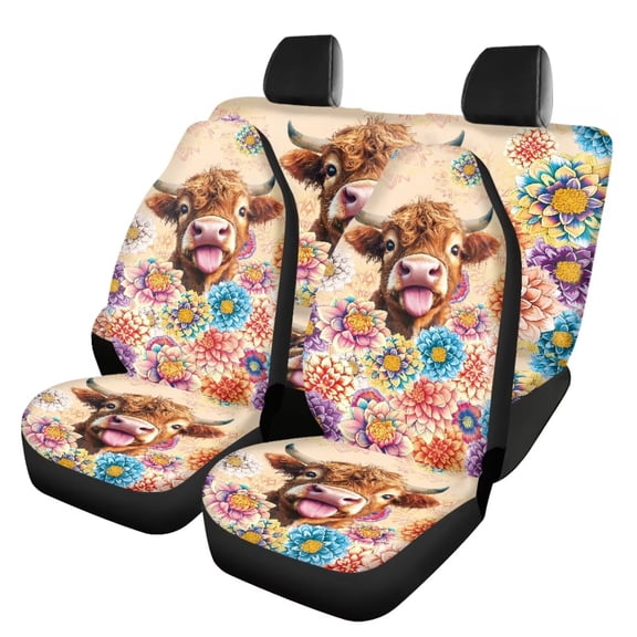 Pzuqiu Highland Cow Flower Car Seat Covers 4 Pcs, Front Seat Protector Carseat Rear Split Bench Cover Universal , Automobile Interior Decorate Accessories Fit for Car SUV Trucks
