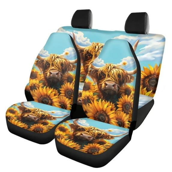 Pzuqiu Highland Cow Sunflower Car Accessories Set Breathable Universal Automotive Vehicle Seat Cover Easy to Install Car Interior Accessories Car Seat Cushion Universal Fit Most Sedans