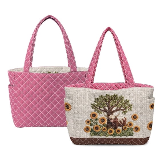 Pzuqiu Highland Cow Sunflower Large Quilted Tote Bags for Women Lightweight Versatile Pink Puffer Shoulder Handbag for Work Travel Shopping College Everyday Use