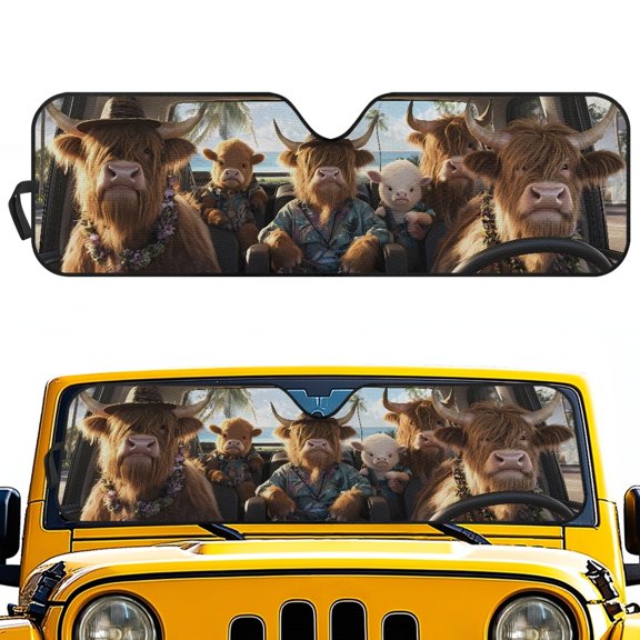 Pzuqiu Highland Cows Anti Ultraviolet Windshield Sun Shade for Automotive Interior, UV Rays Blocker Windshield Sun Shield for Off-road Vehicle