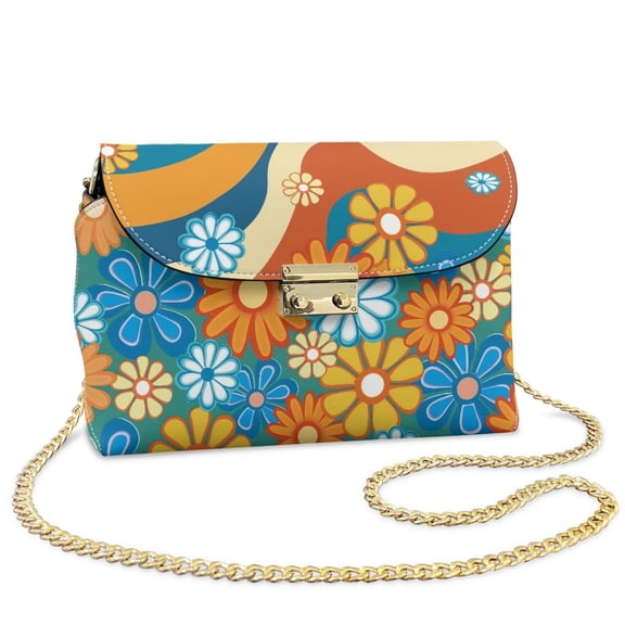 Pzuqiu Hippie FlowerWomen Leather Crossbody Bag Metal Chain Strap Craftsmanship Trendy Small Leather Crossbody Bags for Women Fashion for Daily Use and Travel