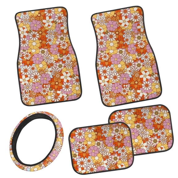 Pzuqiu Hippie Flowers Car Floor Mats and Steering Wheel Cover 5 Piece Full Set Front & Rear Floor Mats with Anti-Slip Pad Easy to Install Removable Automotive Accessories for SUVs, Vans,Sedans