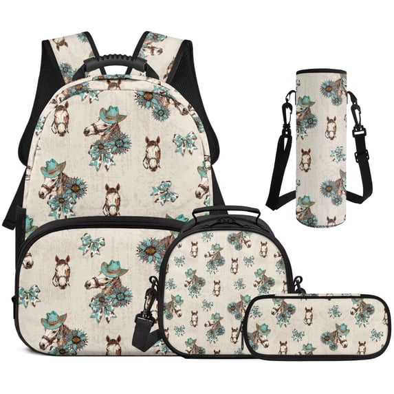 Pzuqiu Horse Big Bow School Backpack Set for Kids with Lunch Bag 17 Inch Book Bags for Girls 10-12 Years Old, Schoolbag for Boys Pencil Bag Water Bottle Bag School Bookbag Sets