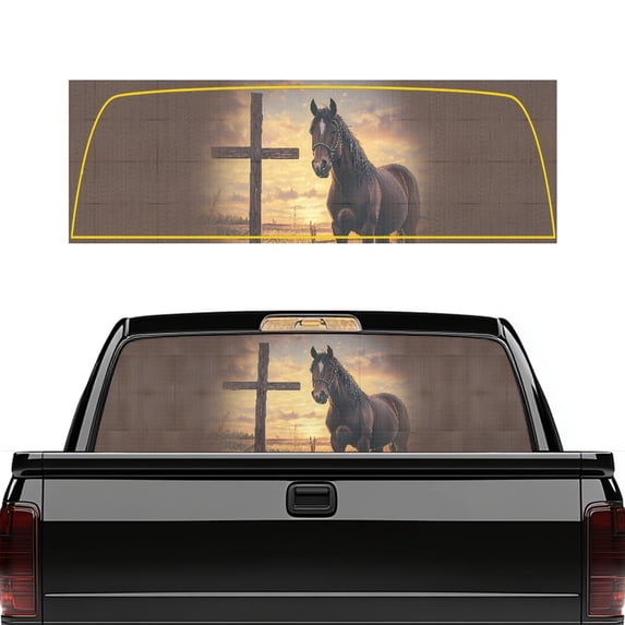 Pzuqiu Horse Cross Print Truck Rear Window Decal 66.9 x 22.4 Inches, One Way See-Through Perforated Vinyl, Rear Windshield Decal for Most Pickup Trucks