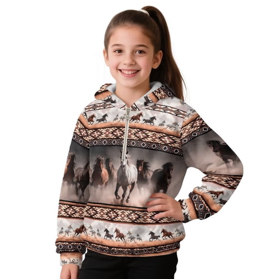 Pzuqiu Horse Hooded Sweatshirts for Girls Size 10-11 Comfortable Lightness Children's Long Sleeve Sweatshirt Practical Fall Outfits Fashion Clothing Versatile for Everyday Wear