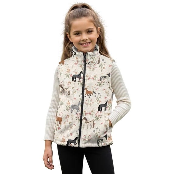 Pzuqiu Horse Print Kids Outerwear Vest Size 4 Toddler Girl Clothes Versatile Comfortable Zipper Winter Sleeveless Jacket with Pockets Personalized Casual Clothes for Girls