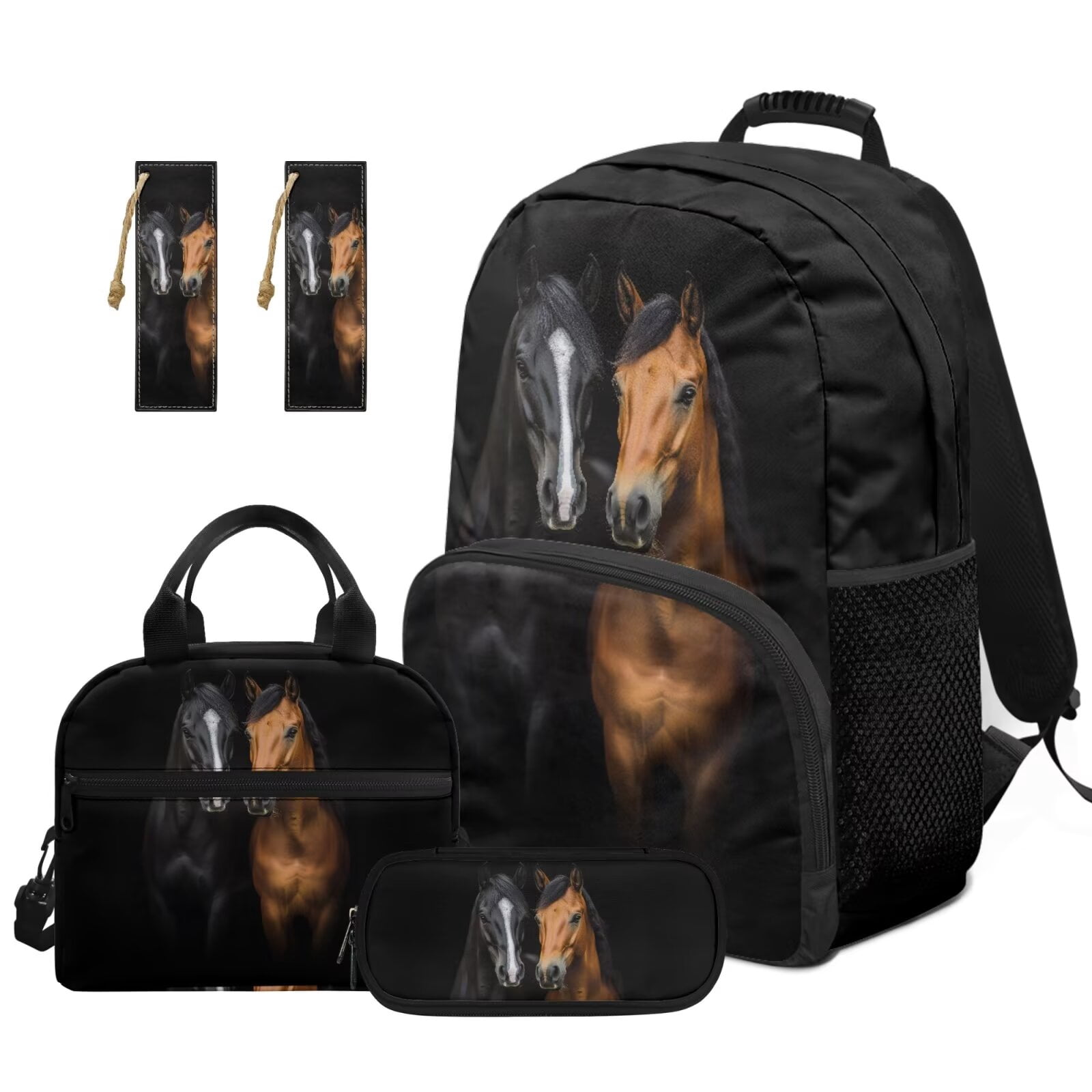 Pzuqiu Horse Print School Backpack for Girls 4 pcs Backpacks with Lunch Bag Pencil Box Set 17 Inch Large Travel School Bag for Girls Camping Rucksack Casual Travel Daypack
