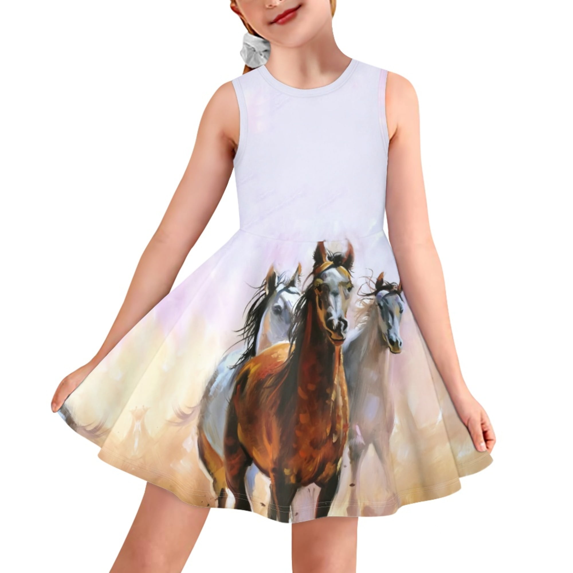 Pzuqiu Horse Print Swing Midi Dress for Girls Knee Length Durable