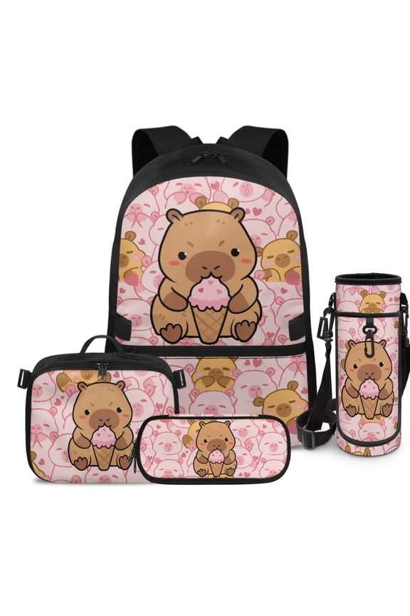 Ice Cream Capybara Kids Backpack for Girls 4 Piece School Bookbag with Lunch Box Lightweight School Bag for 10-12 Elementary 17 Inch Backpack with Pencil Box Water Bottle Holder
