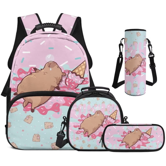 Pzuqiu Ice Cream Capybara Kids Backpack for School Girls 4pcs Backpack with Lunch Box Pencil Case 17 Inch Kids Backpacks Lightweight Casual Travel Daypack for Middle School