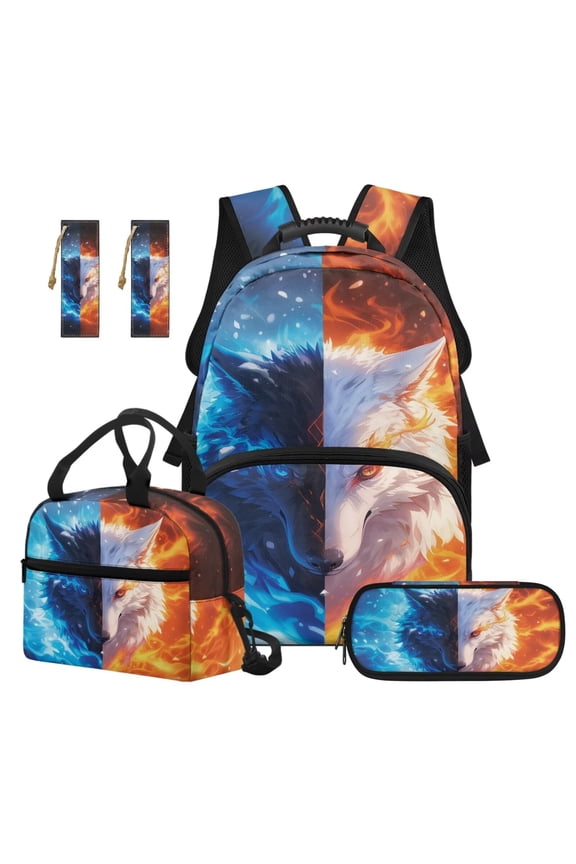 Ice Fire Wolf Back Pack for School Girls Set of 4 17 Inch Kids Backpack Lunch Bag with Pencil Box 2pcs Bookmark, Travel Rucksack Camping School Bag for Teens Christmas Gift