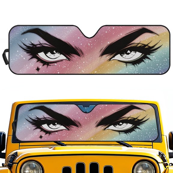Pzuqiu Keep Vehicle Cool Windshield Sun Shade for Off-road Interior Beach, Heat Keep Car Cooler Foldable Off-Road Truck Windshield Sun Protector, Rainbow Sparkle Eye