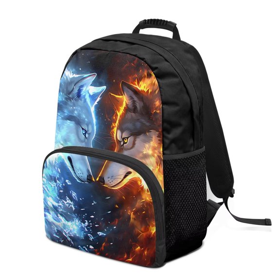 Pzuqiu Kids Backpack for Ages 6-14 17 Inch Fire Ice Wolf Print Adjustable Straps Large Capacity Lightweight Breathable Elementary Middle School Back to School Bag for Boys Girls