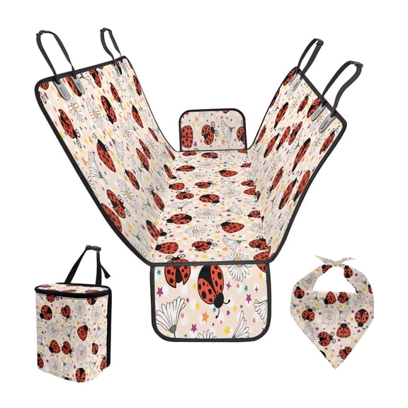 Pzuqiu Ladybug Daisy Pets Dog Car Seat Cover for Back Seat Waterproof Scratchproof Dogs Seat Covers Protection Against Dirt, Pet Fur with Adjustable Bandanas Garbage Bag