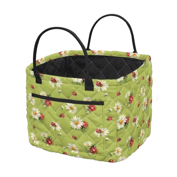 Pzuqiu Ladybug Daisy Print Quilted Laundry Basket with Handles Foldable Large Capacity Fabric Hamper Lightweight Easy-Clean Storage Organizer for Bedroom Bathroom Nursery Dorm