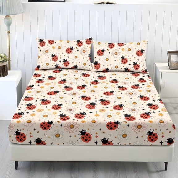 Pzuqiu Ladybug Fitted Sheet Set,Soft Microfiber,3 Pcs Bed Sheet Breathable,Fitted Sheet Set,Breathable Lightweight Bed Sheets,Easily Fits Bed Sheets for Bedroom Decor,Twin XL Size