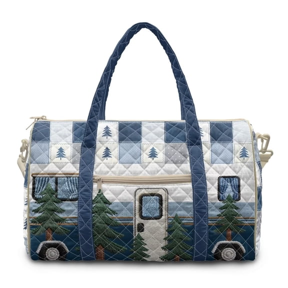 Pzuqiu Large Quilted Weekender Bag for Women, Camper Pine Print Puffy Duffle Tote, Lightweight Travel Carry On Bag with Luggage Sleeve for Overnight Trips, Gym, Work