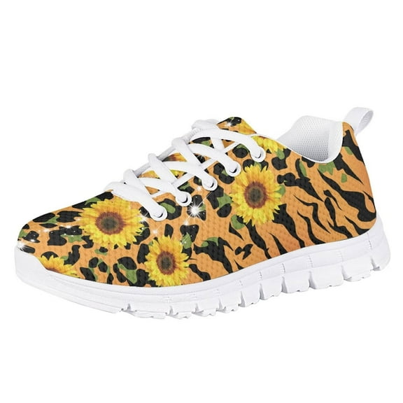 Pzuqiu Leopard Print Sport Shoes for Girls Size 12 Sunflower Breathable Tennis Shoes Lace Up Kids Running Sneakers Casual Walking Gym Shoes