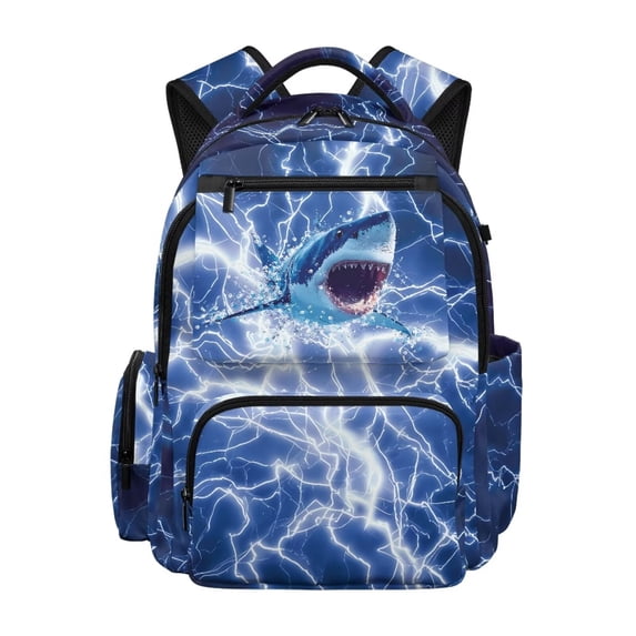 Pzuqiu Lightning Shark Print Backpack for Boys Ultra-Soft Breathable School Bookbag Large Capacity Lightweight Laptop Daypack with Multiple Pockets for Travel Hiking 8-16 Years