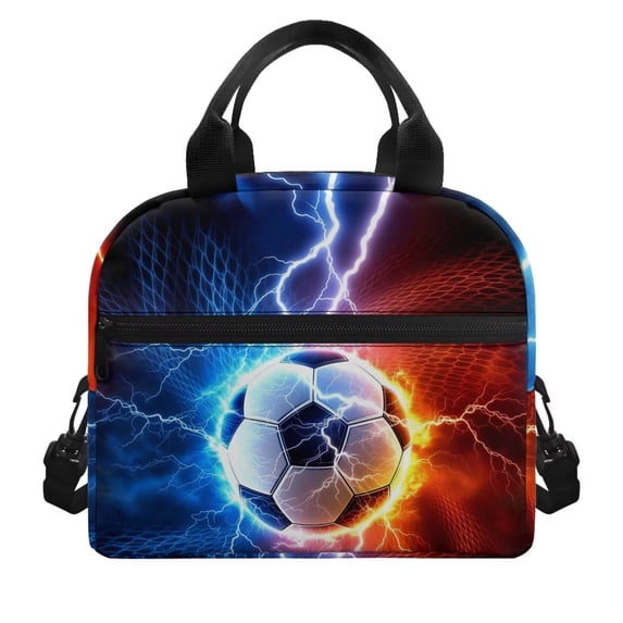 Pzuqiu Lightning Soccer Print Large Lunch Bag for Kids Adults School Picnic Work, Thermal Insulated Adjustable Strap Washable Spacious Leakproof Food Carry Tote