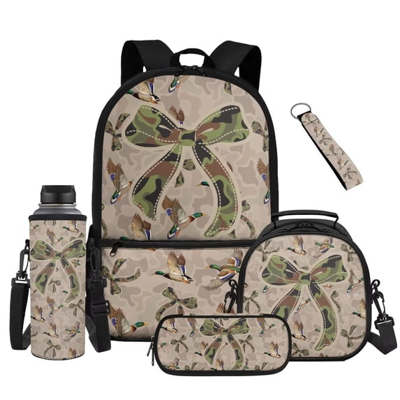Pzuqiu Mallard Duck Camo Bow School Backpack Set for Girls 8-10 with Lunch Box,Water Bottle Holder,Pencil Bag & Keychain Set of 5,17 Inch Lightweight Bookbag for 2nd-4th Grade, Back to School Gifts