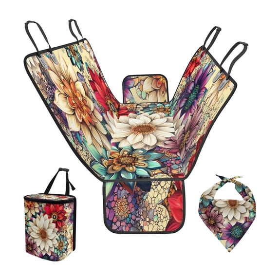 Pzuqiu Mandala Flower Dog Car Seat Cover for Back Seat Scratchproof Waterproof Pet Backseat Covers Large Space with Dogs Bandanas Handkerchief Hanging Car Carbage Bag