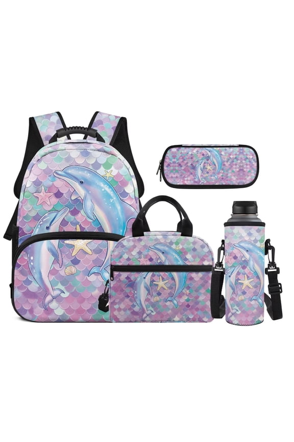 Mermaid Scale Dolphin School Backpack Set for Girls 4 Pcs 17 Inch Durable Back Pack with Lunch Bag Pencil Case Water Bottle Holder Kawaii Bookbag for Elementary 8-12