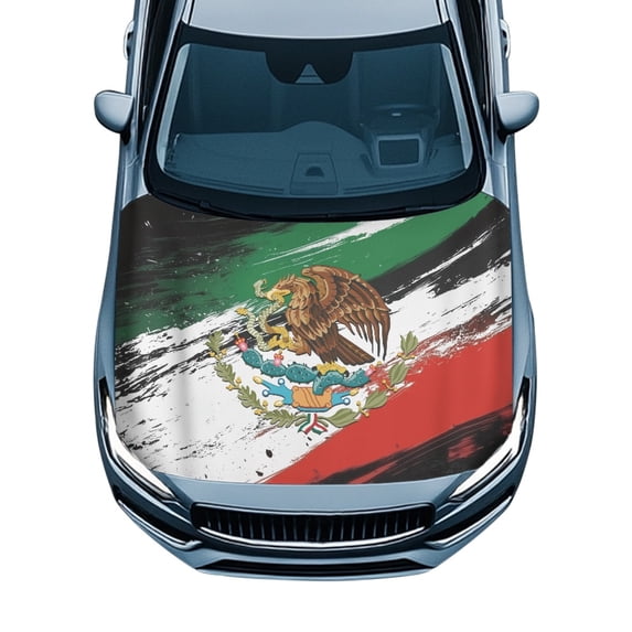 Pzuqiu Mexican Flag Eagle Print All Weather Protection Automotive Accessories Swimsuit Fabric Auto Hood Cover, Car Hood Cover Stretch for Trucks SUV Van