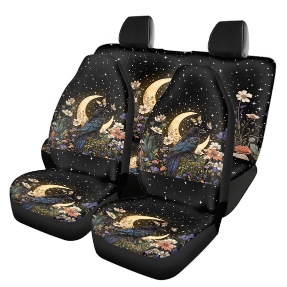 Pzuqiu Moon and Floral Pattern Car Seat Cover Full Set Breathable, Auto Interior Accessories, Suitable for Sedan Seats, Fit for Trucks