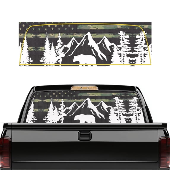 Pzuqiu Mountain Bear Forest Camo Perforated Vinyl Truck Decal 66.9 x 22.4 Inch, Weatherproof Car Window Decal for Most Pickup Trucks and Outdoor Enthusiasts