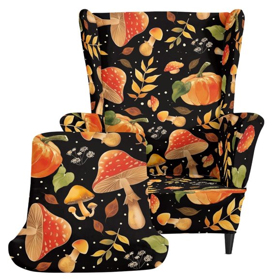 Pzuqiu Mushroom Forest Design Wingback Chair Cover, Removable Wingback Chair Covers with Wear Guard, 2-Piece Soft Seat Shield