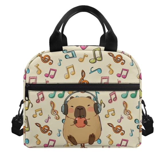 Pzuqiu Music Note Capybara Reusable Lunch Bag for Kids Teens, Thermal Insulated Leakproof Lunch Tote with Adjustable Strap, Large Capacity for School Office Hiking Day Trips