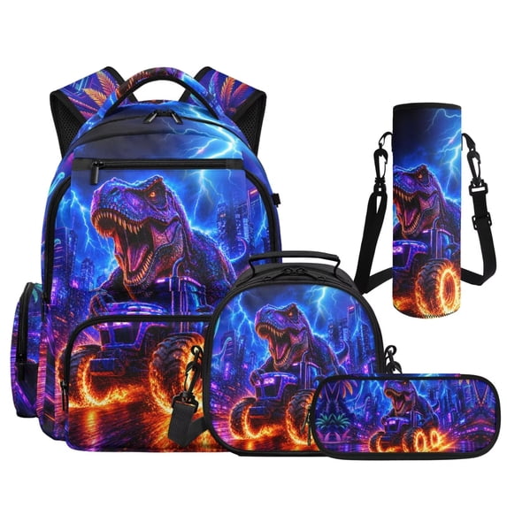 Pzuqiu Neon Dinosaur Kids 4 Piece Backpack Set 17 Inch with Lunch Box Pencil Case Water Bottle Holder Large Capacity Schoolbag with Adjustable Padded Straps for 8-14 Elementary
