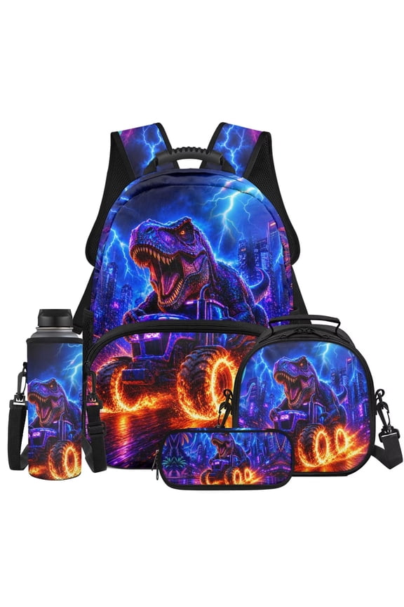 Neon Dragon Monster Truck Kids School Bags Set of 4 Backpack for Boys Travel Bag with Adjustable Shoulder Strap 17 Inch Bookbag with Lunchbox Pencil Case Water Bottle Bag