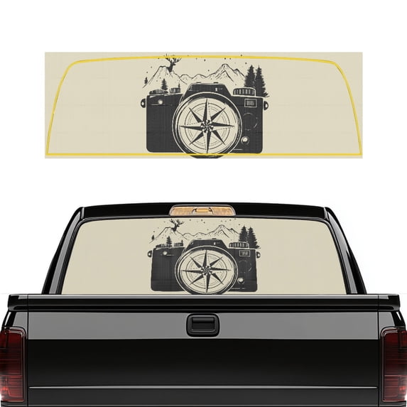 Pzuqiu Outdoor Camera Compass Pickup Truck Rear Window Decal 66.9 x 22.4 Inch, FadeResistant Perforated Vinyl Car Window Stickers for Most Pickups