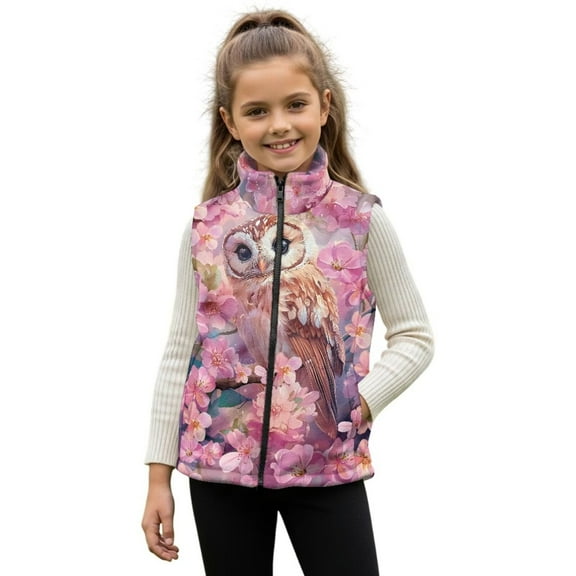 Pzuqiu Owl Kids Outerwear Vest Casual Clothes for Girls 3T Comfortable Winter Lightweight Sleeveless Fleece Jacket with Pocket Full Zip Fall Outerwear Versatile for Girls