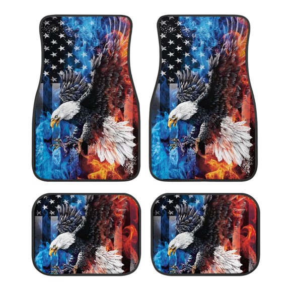 Pzuqiu Patriotic Car Floor Mats featuring Fire Eagle US Flag Design - All Weather 4 Piece Full Set