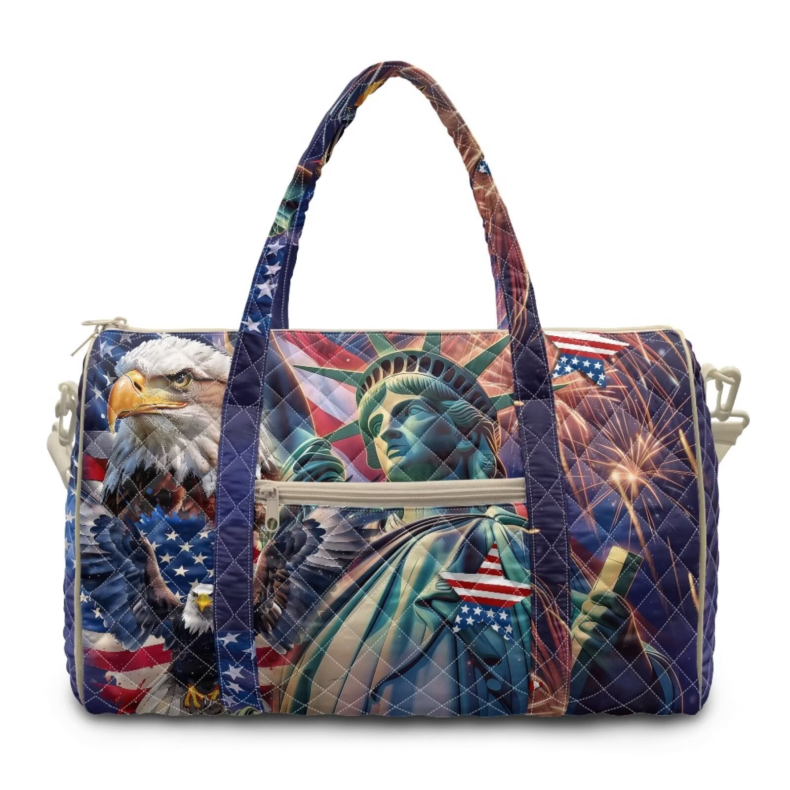 Pzuqiu Patriotic Eagle Print Large Quilted Weekender Bag for Women Lightweight Puffer Duffle Carry On Tote with Luggage Sleeve Minimalist Handbags for Travel Gym Overnight Trips