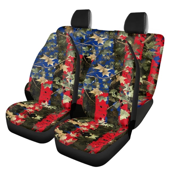 Pzuqiu Patriotic Leaf Camouflage Pattern Interior Front and Back Seat Protector, Full Set Stretchy Fit for Cars