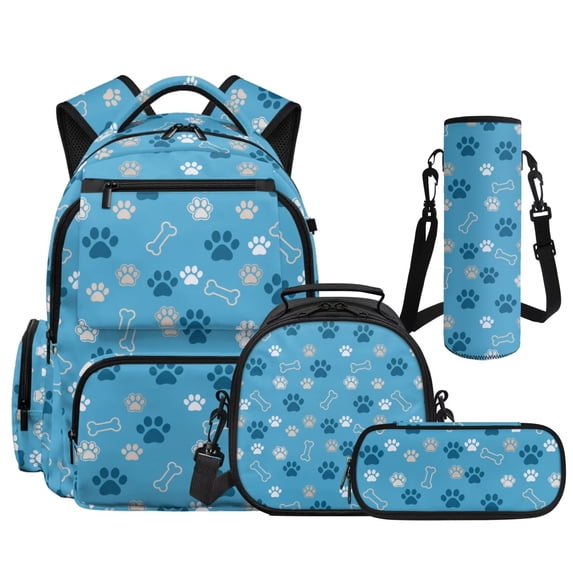 Pzuqiu Paw Print 4-Piece Girls Backpack Set - 17 Inch Large Capacity Schoolbag with Insulated Lunch Box Pencil Case Water Bottle Holder Bookbag for Girls 10-12 Elementary Middle School