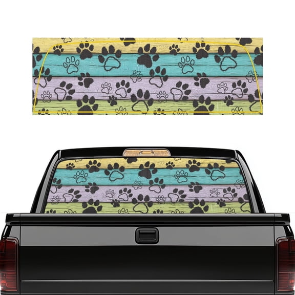 Pzuqiu Paw Print Wood Plank Car Window Stickers 66.9 x 22.4 Inches, Vinyl Rear Window Wrap for Most Pickup Trucks, Transparent Decal for Car Decoration