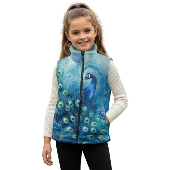 Pzuqiu Peacock Kids Outerwear Vest Casual Clothes for Girls 9-10 Fashion Stretchy Zipper Winter Sleeveless Jacket with Pockets Lightweight Fall Outerwear Versatile for Girls