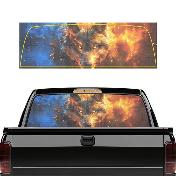 Pzuqiu Pickup Truck Rear Window Decal with Fire Ice Wolf Design, Automotive Vinyl Wrap 66.9 x 22.4 Inches for Most Truck Models and Car Lovers