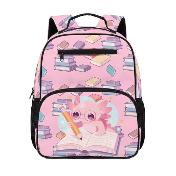 Pzuqiu Pink Axolotl 13.5 Inch Backpack for Girls Ages 3-6 Preschool Kindergarten Toddler, Water Resistant Breathable Padded Straps Lightweight Kids Bookbag for Back to School