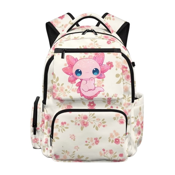 Pzuqiu Pink Axolotl Floral School Backpack for Teens 17 Inch Soft Padded Breathable Straps Lightweight Casual Bookbag Multi Pockets for Girls Primary Middle School Daily Use