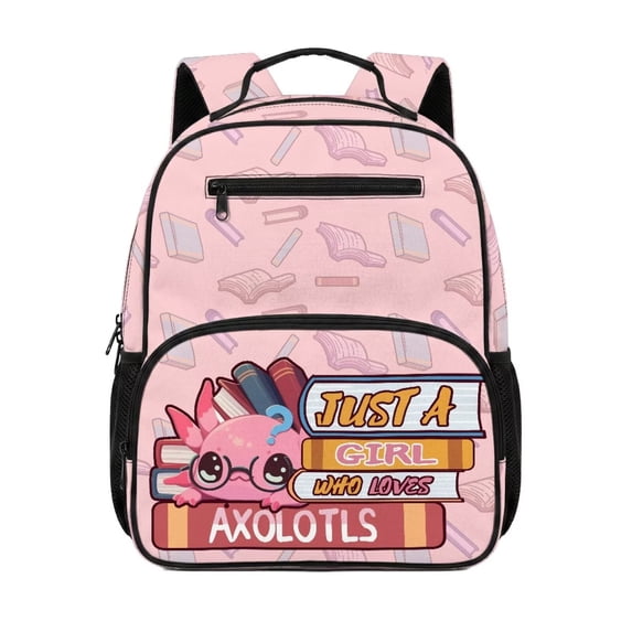 Pzuqiu Pink Axolotl Print 13.5 Inch Girls School Backpack Lightweight Breathable Preschool Bookbag with Adjustable Straps & Side Mesh Pockets for Kindergarten Elementary