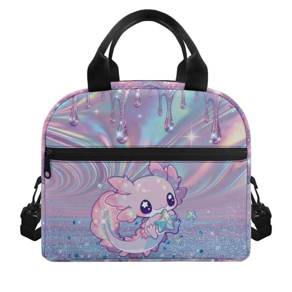 Pzuqiu Pink Axolotl Print Insulated Lunch Box for Girls Kids, Spacious Leakproof Thermal Meal Tote Bag Washable Reusable with Adjustable Shoulder Strap for School Picnic